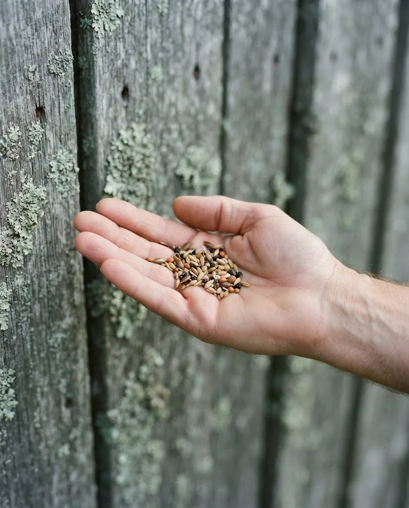 Artist's impression of a weathered grey timber wall with lichen and a hand holding a palmful of seed