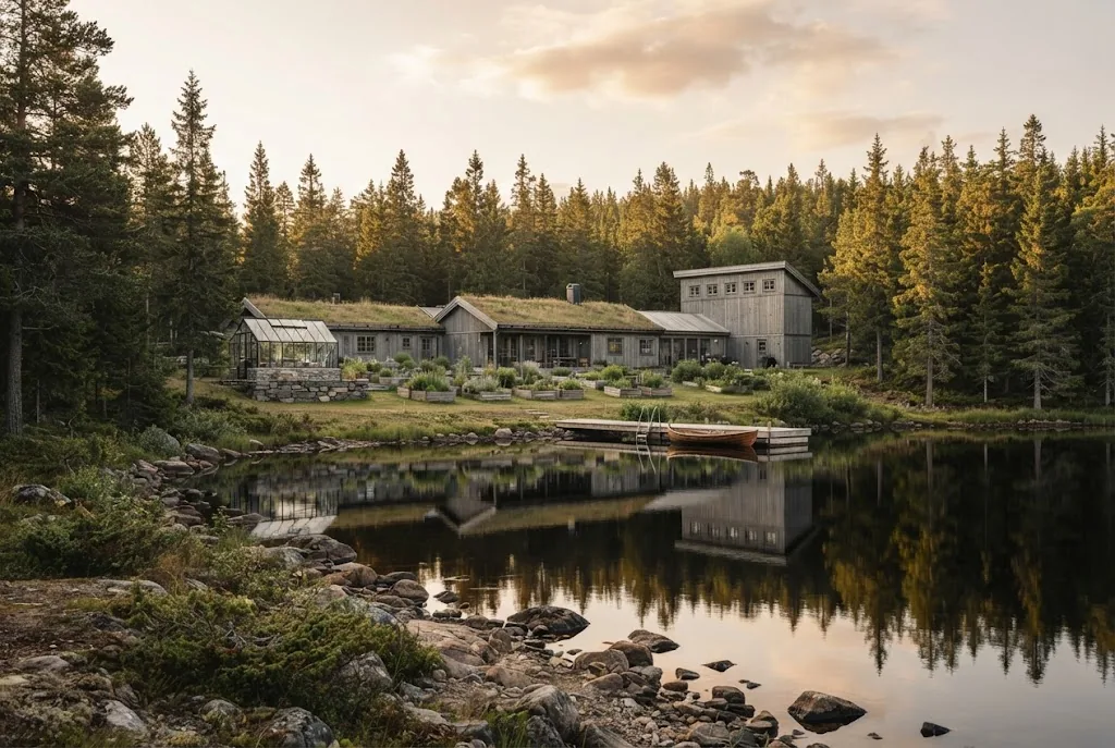 Artist's impression of the planned resort seen from across the lake, with a wall of old forest behind it and a low sun