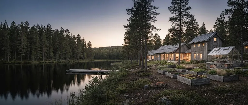 Artist's impression of the forest and lake at dusk, with the warm windows of the resort on the right