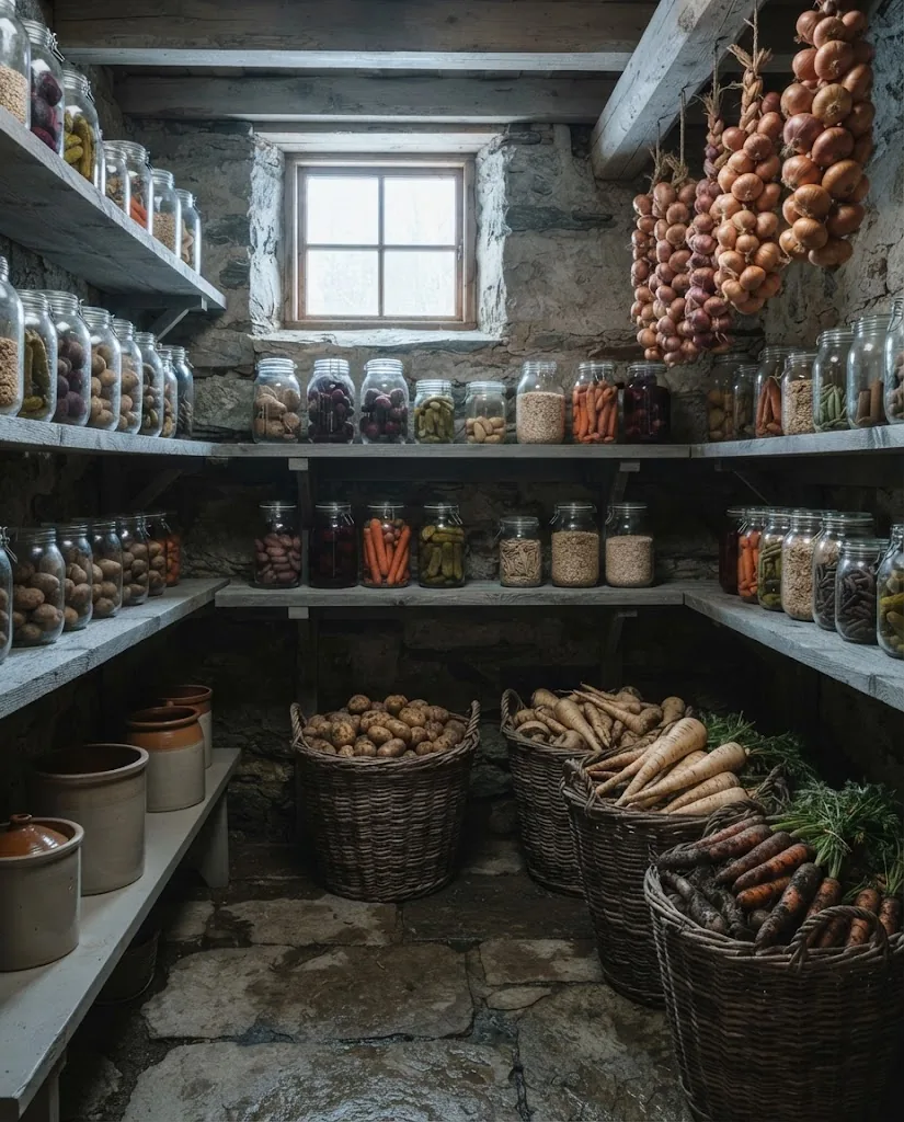 Artist's impression of the root cellar: plain glass jars on shelves, baskets of roots and braids of onions