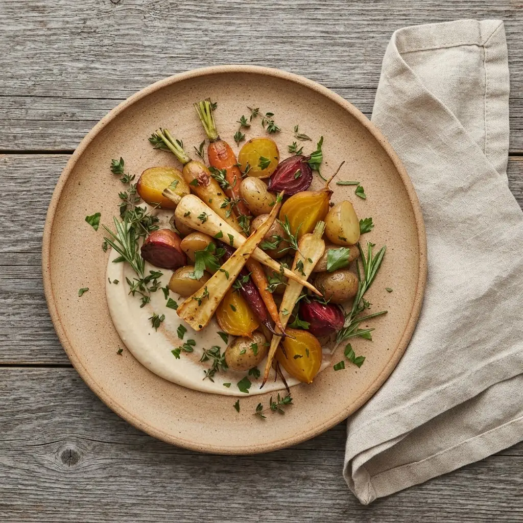 Artist's impression of roasted root vegetables with herbs on a clay plate