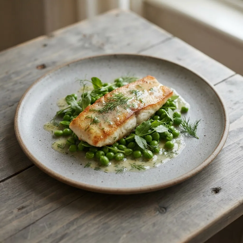 Artist's impression of lake fish with dill and green peas