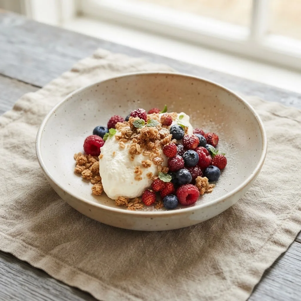 Artist's impression of a dessert of red berries with thick soured cream