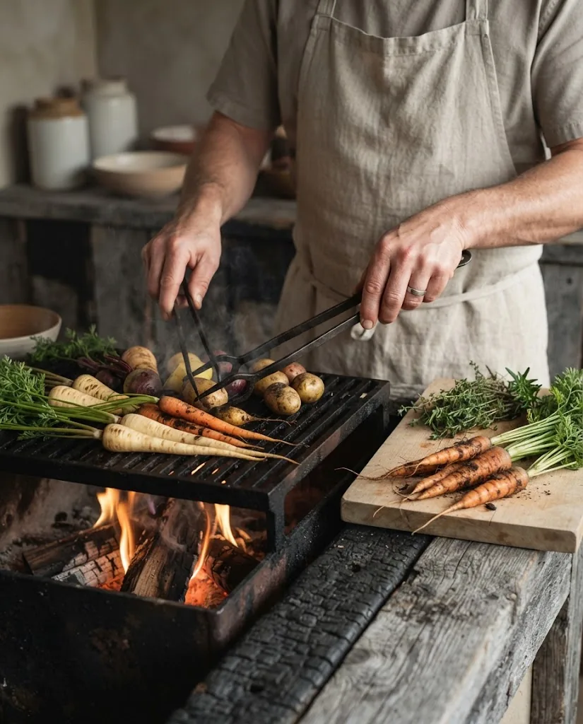 Artist's impression of an open fire in the kitchen, a cook's hands and vegetables from the garden