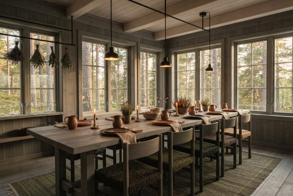 Artist's impression of the restaurant: long tables of grey timber, windows onto the forest and handmade ceramics