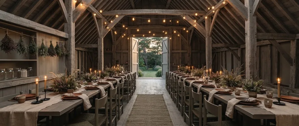 Artist's impression of a banquet in a grey timber barn, with long tables and strings of lights