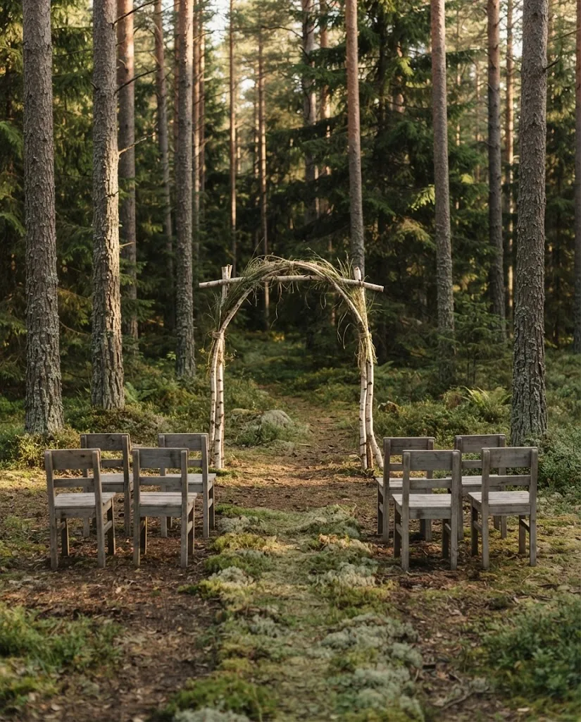 Artist's impression of a ceremony set in a clearing among pines, with rows of wooden chairs and no people