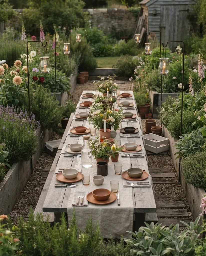 Artist's impression of a reception in the kitchen garden, with lanterns and a long table among the beds