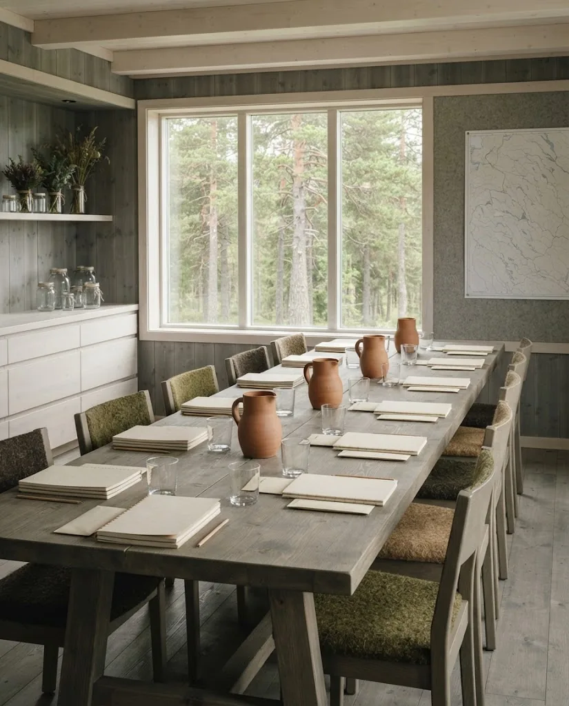 Artist's impression of a meeting room with a large table and a window onto the forest