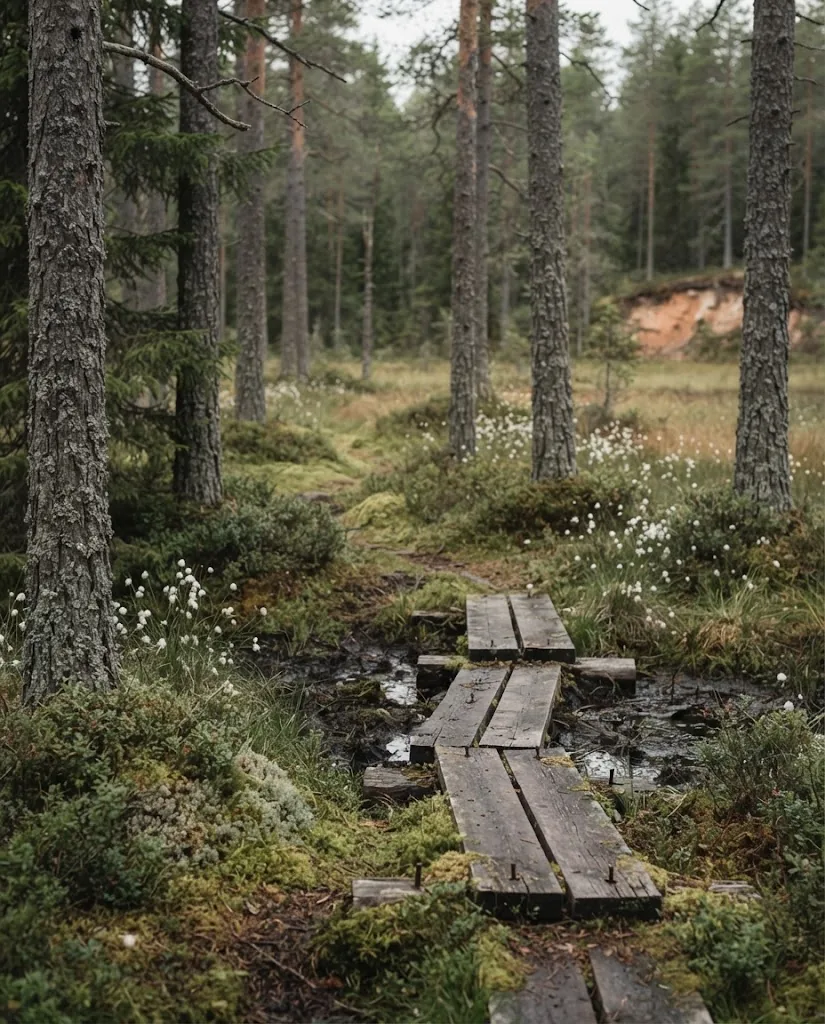 Artist's impression of a path over moss between pines, with timber boardwalks across a small bog