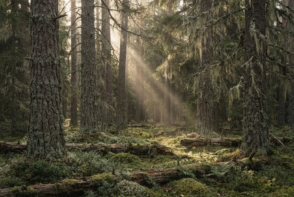 Artist's impression of old-growth pine forest: thick trunks, lichen, moss and low slanting light