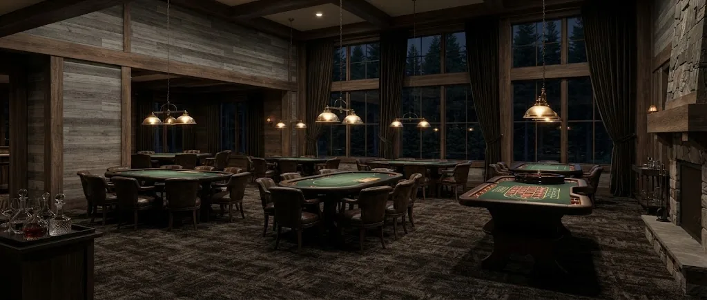 Artist's impression of the planned hotel casino lounge, with grey timber walls, green baize tables, warm lamps and windows onto the dark forest