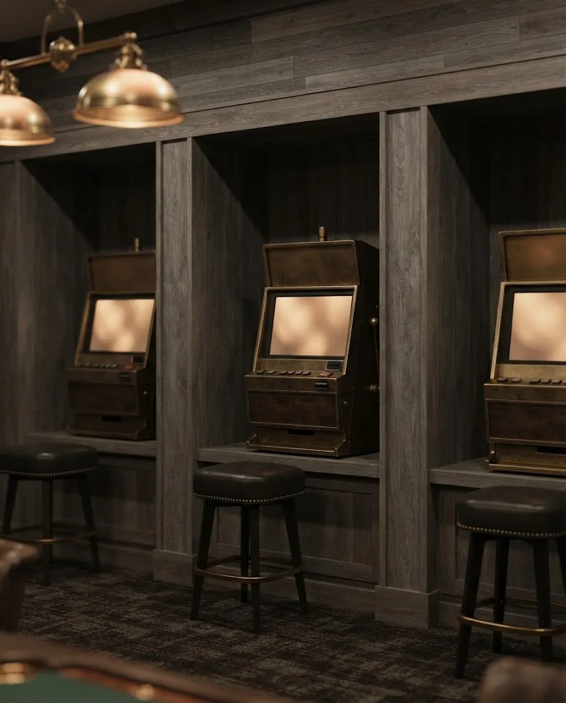 Artist's impression of restrained gaming machines set into timber alcoves, with an abstract glow from the screens