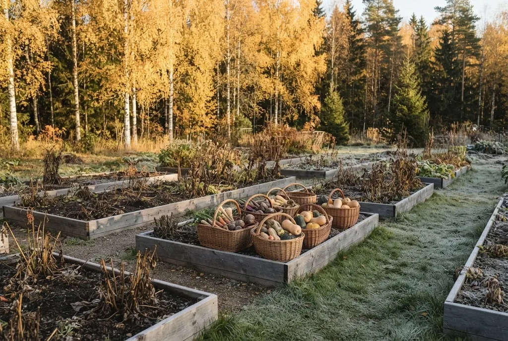 Artist's impression of baskets of roots and squash on a garden bed, with frost on the grass