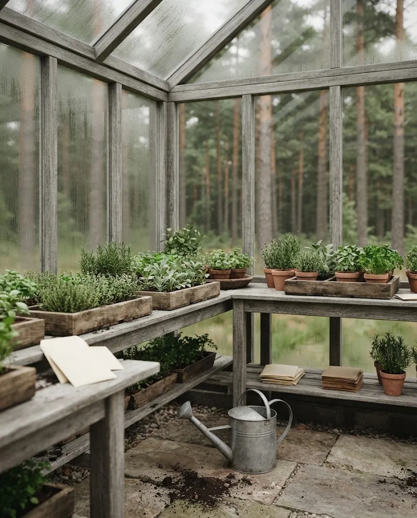 Artist's impression of the greenhouse interior: glass walls, seedlings on timber staging and drops of condensation