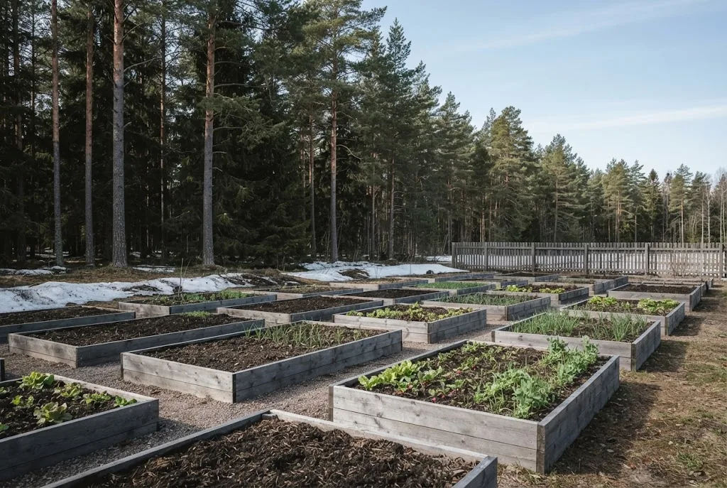 Artist's impression of raised timber beds with the first green shoots in thawed soil, the forest behind