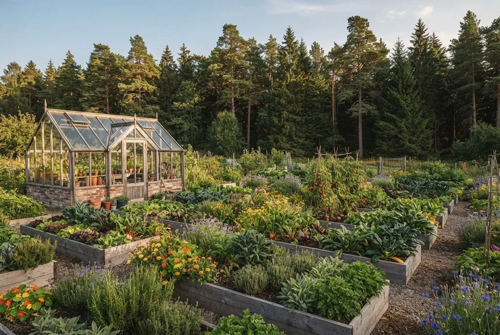 Artist's impression of the kitchen garden in summer, dense with plants and flowers between the beds, the greenhouse to one side