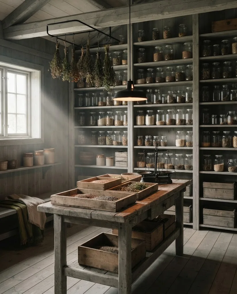 Artist's impression of the Seed House interior: shelves of plain glass jars, a drying loft and warm light