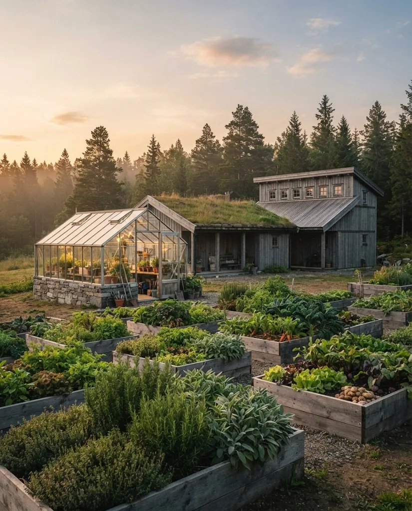 Artist's impression of the kitchen garden and greenhouse under an evening sky, with the forest behind