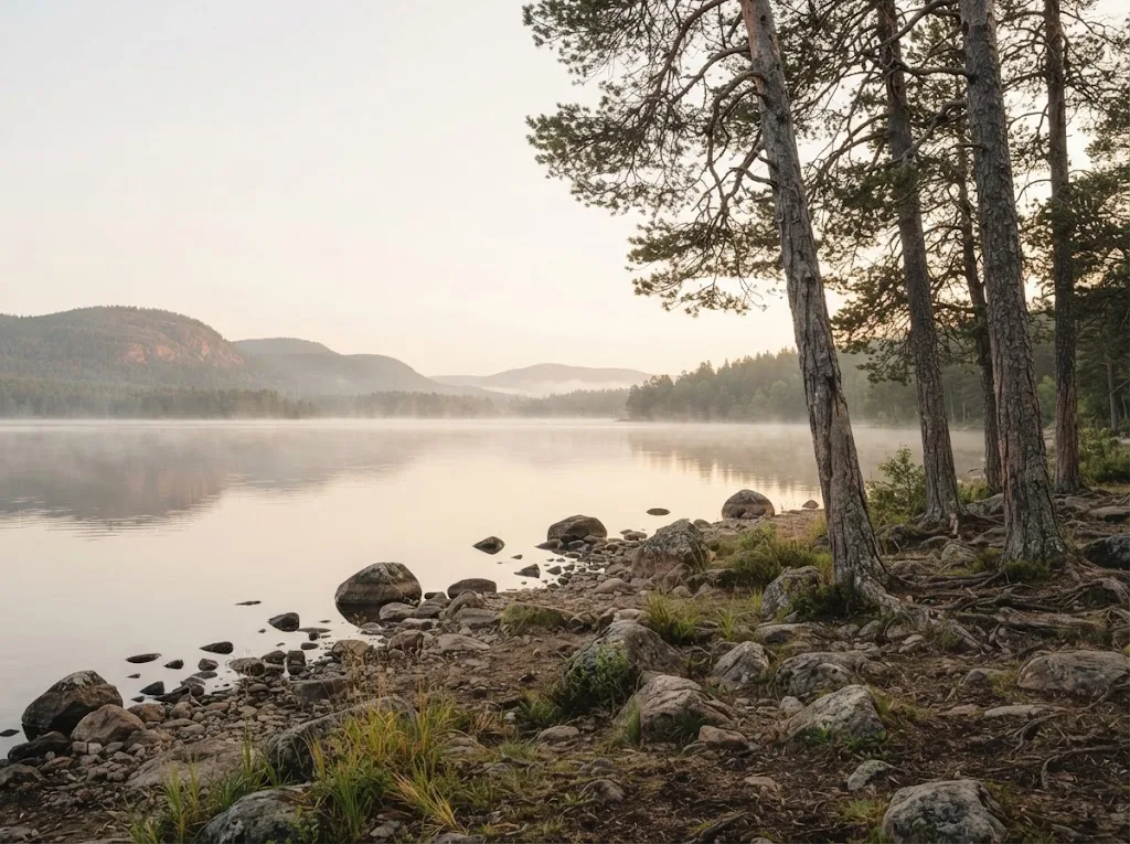 Artist's impression of a large forest lake in mist, with a stony shore