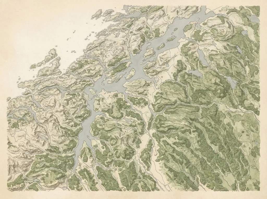 Artist's impression of an illustrated map of the forests, lakes and fjord of inland Trøndelag, without text