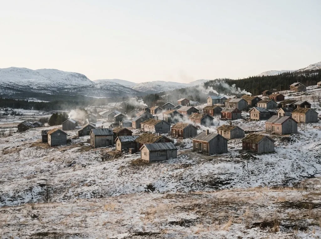 Artist's impression of an old settlement of timber houses with turf and board roofs