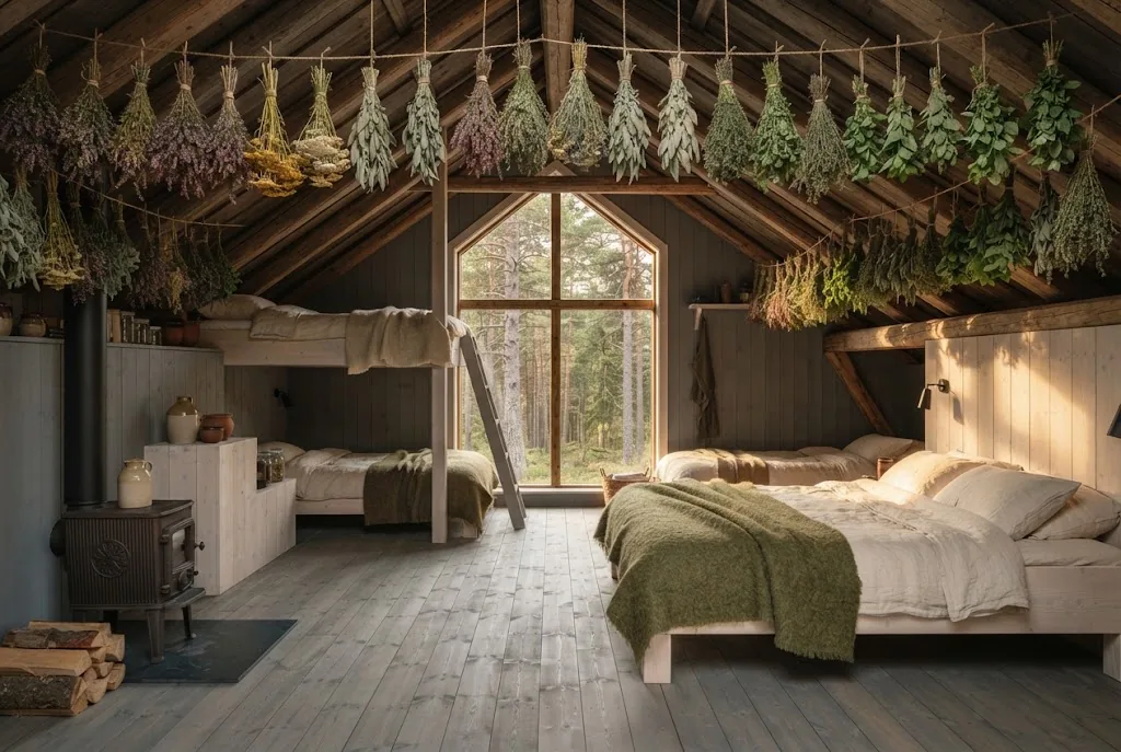 Artist's impression of the Drying Loft: the loft under the rafters, with herbs drying