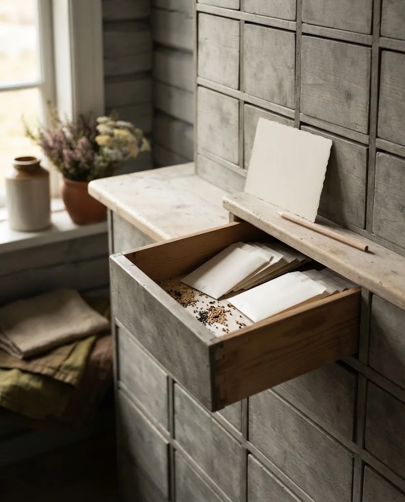 Artist's impression of a wall of narrow timber drawers, one pulled open to show seed in plain paper envelopes