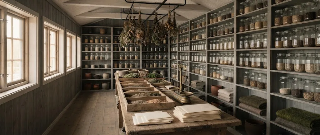 Artist's impression of the long room of the Seed House: timber shelves of plain glass jars, a work table and old scales