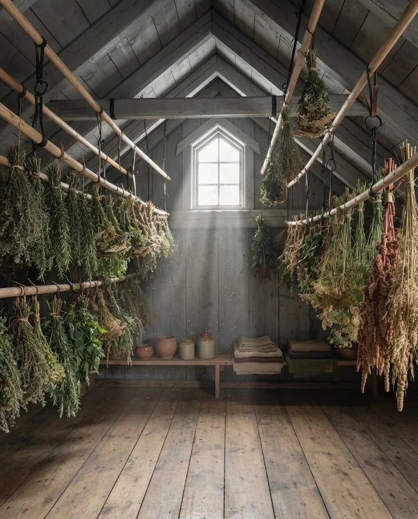 Artist's impression of the drying loft: bundles of herbs and stems hung under the rafters in a beam of light