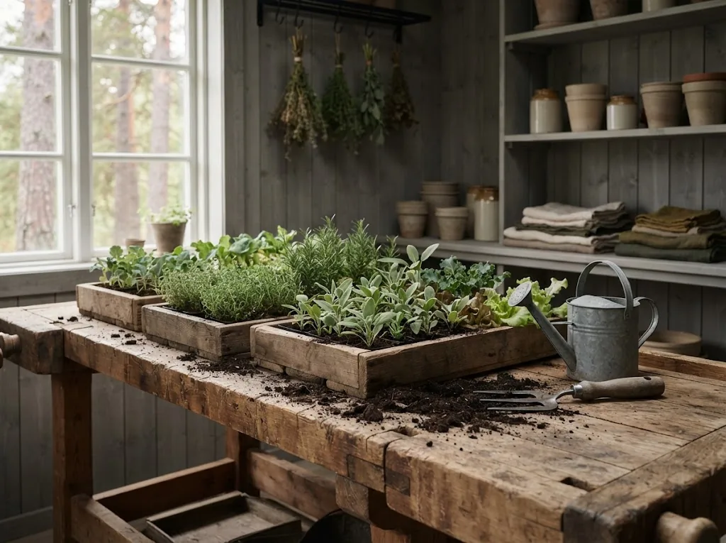 Artist's impression of the nursery: wooden trays of seedlings, a watering can and soil on the bench