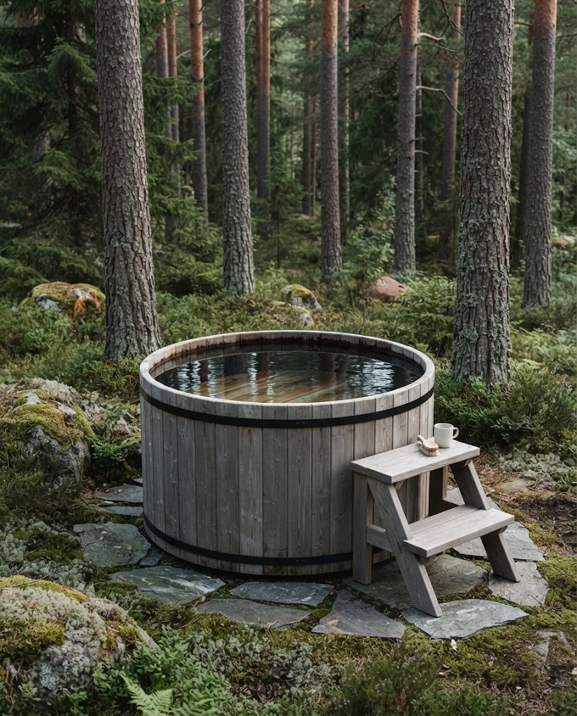 Artist's impression of a wooden tub of cold water outdoors among moss and stones