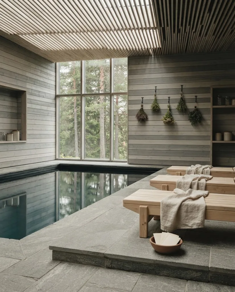 Artist's impression of an indoor pool in timber and stone, with a window onto the forest