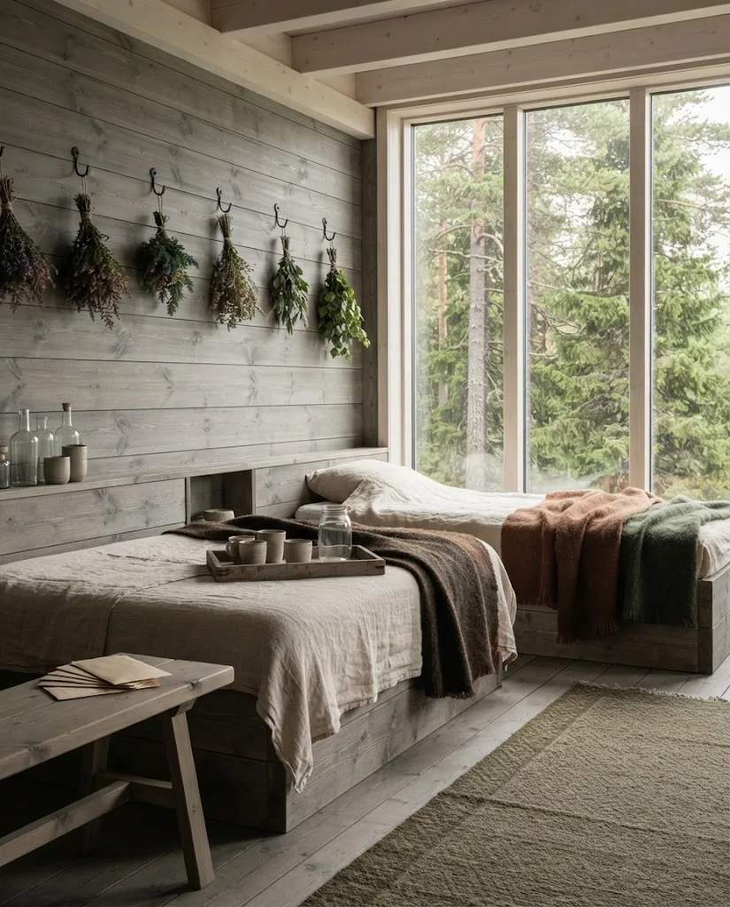 Artist's impression of a rest room with loungers, wool blankets and dried herbs on the wall