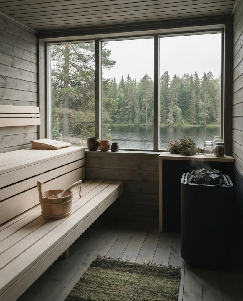 Artist's impression of a sauna with a panoramic window over the lake
